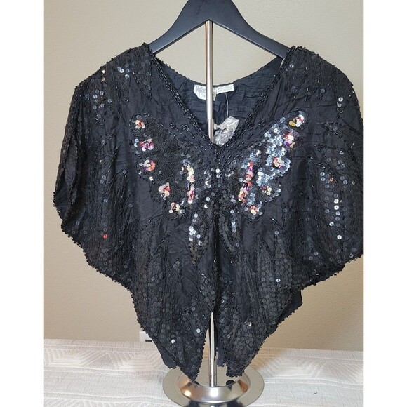 Vintage Valachi Creations 100% Silk Beaded Sequin Butterfly Poncho Top - Picture 1 of 9